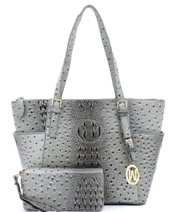 Ostrich Embossed Tote with Matching wallet OS1009WPP GRAY